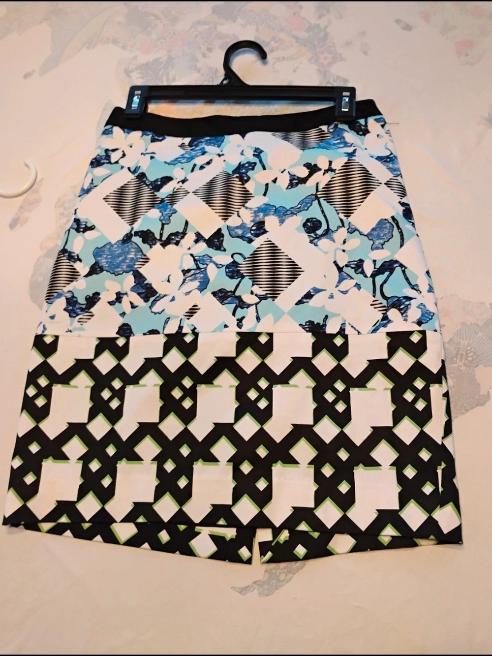 Peter Pilotto Blue, Black & White Mixed-Pattern Pencil Skirt, lined, 60% Cotton